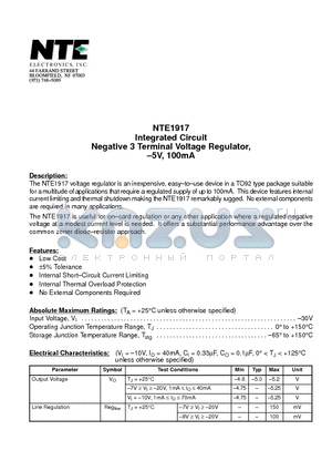NTE1917 datasheet - Integrated Circuit Negative 3 Terminal Voltage Regulator, -5V, 100mA