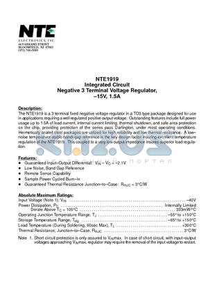 NTE1919 datasheet - Integrated Circuit Negative 3 Terminal Voltage Regulator, -15V, 1.5A