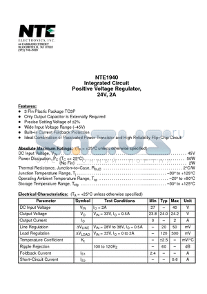 NTE1940 datasheet - Integrated Circuit Positive Voltage Regulator, 24V, 2A