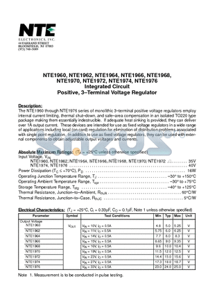 NTE1964 datasheet - Integrated Circuit Positive, 3-Terminal Voltage Regulator