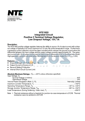 NTE1955 datasheet - Integrated Circuit Positive 3 Terminal Voltage Regulator, Low Dropout Voltage, 15V, 1A