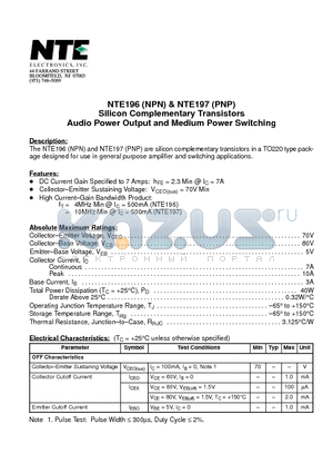 NTE197 datasheet - Silicon Complementary Transistors Audio Power Output and Medium Power Switching