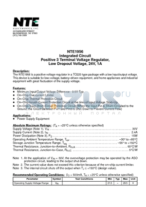 NTE1956 datasheet - Integrated Circuit Positive 3 Terminal Voltage Regulator, Low Dropout Voltage, 24V, 1A