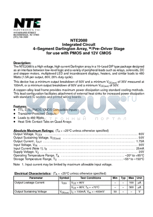 NTE2088 datasheet - Integrated Circuit 4-Segment Darlington Array, w/Pre-Driver Stage for use with PMOS and 12V CMOS