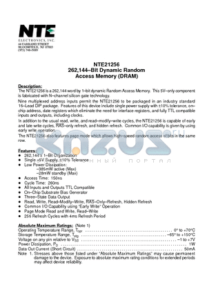 NTE21256 datasheet - 262,144-Bit Dynamic Random Access Memory (DRAM)