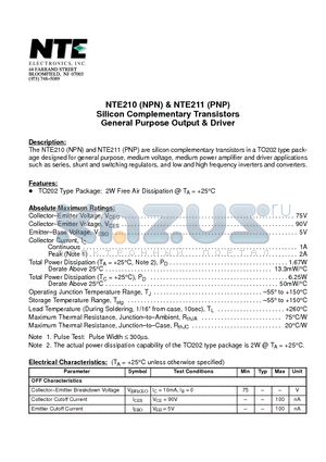 NTE211 datasheet - Silicon Complementary Transistors General Purpose Output & Driver