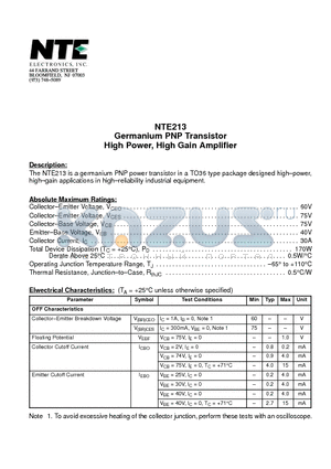 NTE213 datasheet - Germanium PNP Transistor High Power, High Gain Amplifier