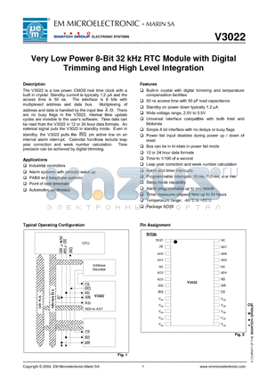 V3022SO28B datasheet - Very Low Power 8-Bit 32 kHz RTC Module with Digital Trimming and High Level Integration