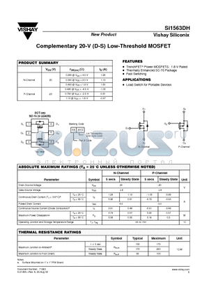SI1563DH datasheet - Complementary 20-V (D-S) Low-Threshold MOSFET