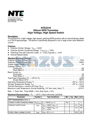 NTE2318 datasheet - Silicon NPN Transistor High Voltage, High Speed Switch