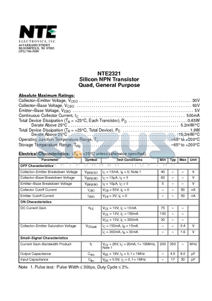 NTE2321 datasheet - Silicon NPN Transistor Quad, General Purpose