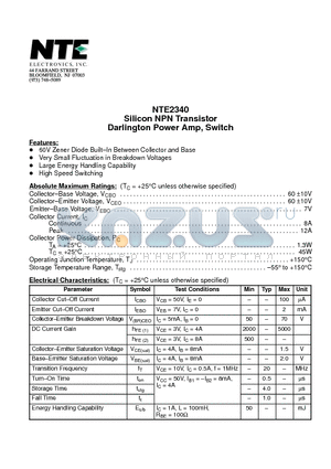 NTE2340 datasheet - Silicon NPN Transistor Darlington Power Amp, Switch