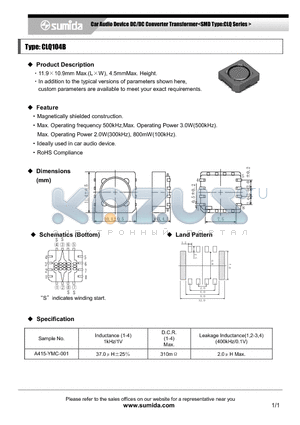 CLQ104B datasheet - Car Audio Device DC/DC Converter Transformer