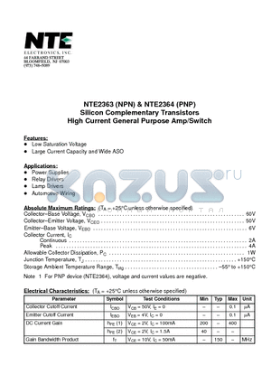 NTE2363 datasheet - Silicon Complementary Transistors High Current General Purpose Amp/Switch