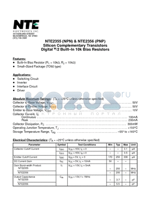 NTE2356 datasheet - Silicon Complementary Transistors Digital w/2 Built-In 10k Bias Resistors