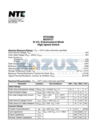 NTE2389 datasheet - MOSFET N-Ch, Enhancement Mode High Speed Switch