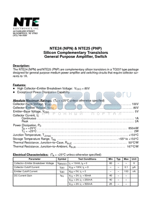 NTE24 datasheet - Silicon Complementary Transistors General Purpose Amplifier, Switch