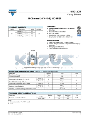 SI1012CR datasheet - N-Channel 20 V (D-S) MOSFET