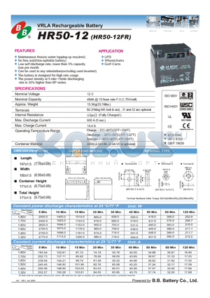 HR50-12 datasheet - VRLA Rechargeable Battery