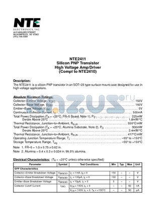 NTE2411 datasheet - Silicon PNP Transistor High Voltage Amp/Driver (Compl to NTE2410)