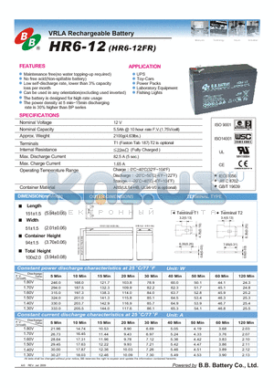 HR6-12FR datasheet - VRLA Rechargeable Battery