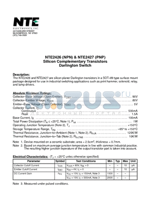 NTE2426 datasheet - Silicon Complementary Transistors Darlington Switch