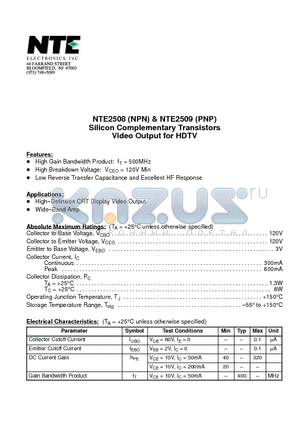 NTE2508 datasheet - Silicon Complementary Transistors Video Output for HDTV