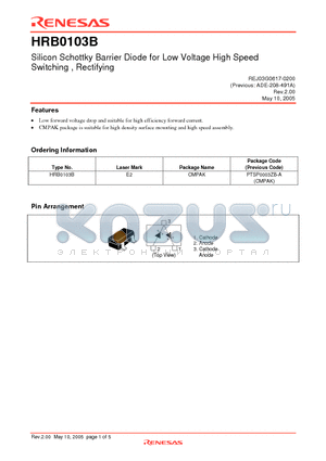 HRB0103B datasheet - Silicon Schottky Barrier Diode for Low Voltage High Speed Switching , Rectifying