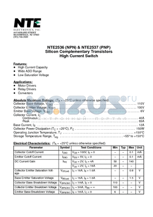 NTE2536 datasheet - Silicon Complementary Transistors High Current Switch