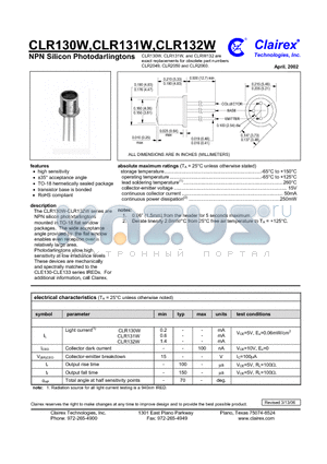 CLR130W datasheet - NPN Silicon Photodarlingtons