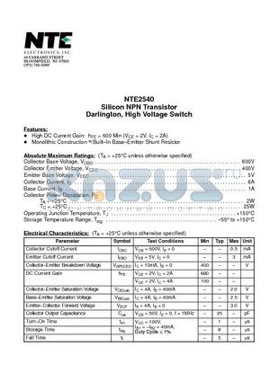 NTE2540 datasheet - Silicon NPN Transistor Darlington, High Voltage Switch