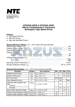 NTE2546 datasheet - Silicon Complementary Transistors Darlington, High Speed Driver