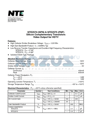 NTE2575 datasheet - Silicon Complementary Transistors Video Output for HDTV