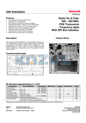 HRF-ROC09325 datasheet - Radio On A Chip 300 - 928 MHz FSK Transceiver Frequency Agile With SPI Bus Interface