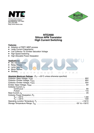 NTE2668 datasheet - Silicon NPN Transistor High Current Switching