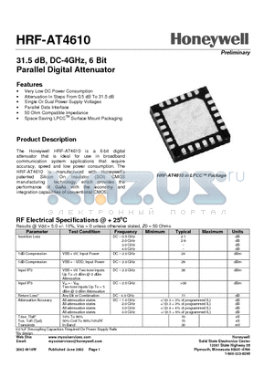 HRF-AT4610-TR datasheet - 31.5 dB, DC-4GHz, 6 Bit Parallel Digital Attenuator