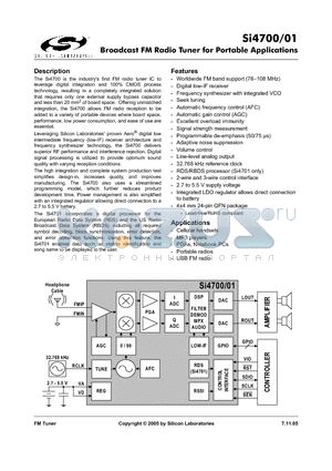 SI4700 datasheet - Broadcast FM Radio Tuner for Portable Applications