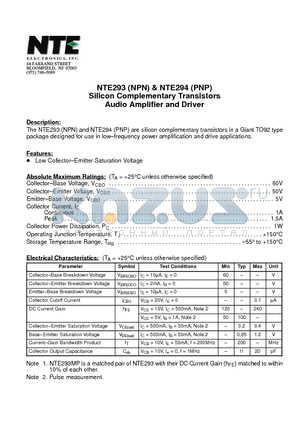 NTE294 datasheet - Silicon Complementary Transistors Audio Amplifier and Driver