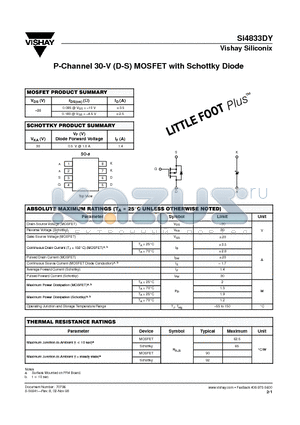 SI4833DY_07 datasheet - P-Channel 30-V (D-S) MOSFET with Schottky Diode