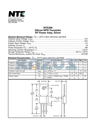 NTE299 datasheet - Silicon NPN Transistor RF Power Amp, Driver