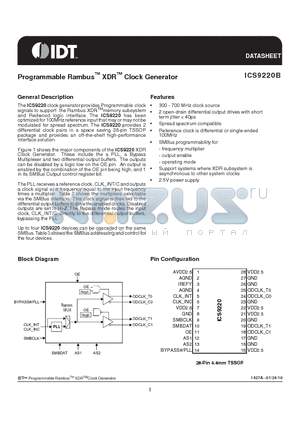 9220BGILF datasheet - Programmable RambusTM XDRTM Clock Generator