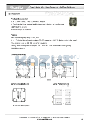 CLS3D18 datasheet - Power Inductor & 2 in 1 Power Transformer
