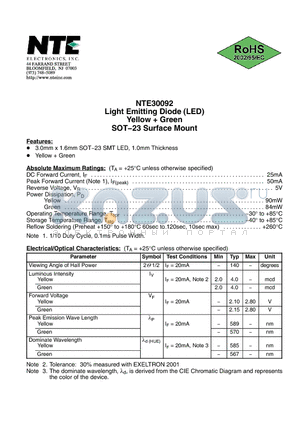 NTE30092 datasheet - Light Emitting Diode (LED) Yellow  Green SOT−23 Surface Mount