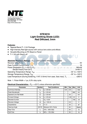 NTE3019 datasheet - Light Emitting Diode (LED) Red Diffused, 5mm
