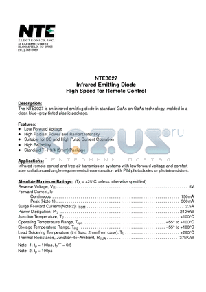 NTE3027 datasheet - Infrared Emitting Diode High Speed for Remote Control