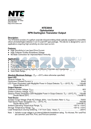 NTE3044 datasheet - Optoisolator NPN Darlington Transistor Output