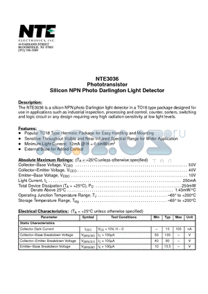 NTE3036 datasheet - Phototransistor Silicon NPN Photo Darlington Light Detector