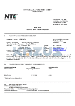 NTE303A datasheet - Silicone Heat Sink Compound