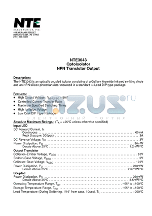 NTE3043 datasheet - Optoisolator NPN Transistor Output