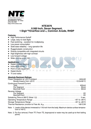 NTE3076 datasheet - 0.560 Inch, Seven Segment, 1 Digit w/Overflow and , Common Anode, RHDP